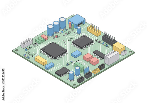 Isometric view of a complex electronic circuit board with various components and intricate pathways