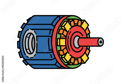 Detailed illustration of an electric motor rotor and stator components in vibrant colors