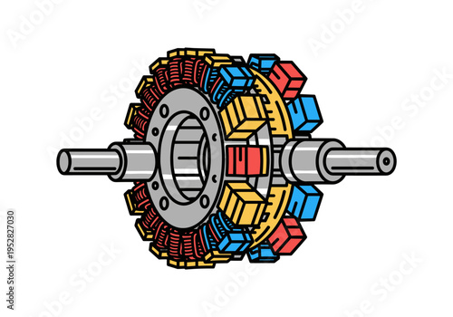 Stylized illustration of an electric motor rotor and stator assembly with colorful coils
