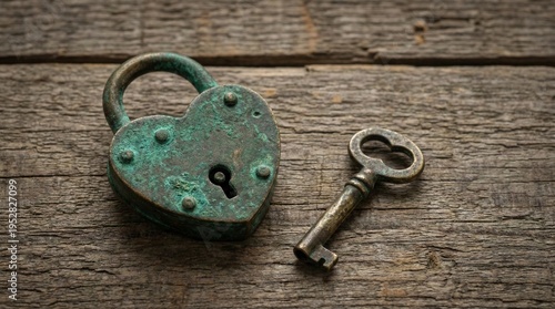 Fényképezés Antique Verdigris Heart Padlock and Key on Rustic Wood
