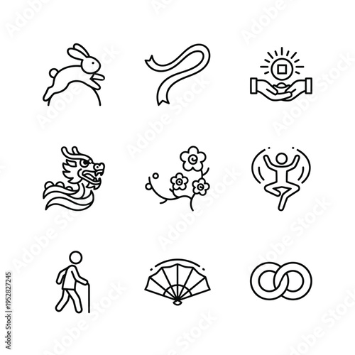 Collection of Chinese cultural icons and symbols in line art style.