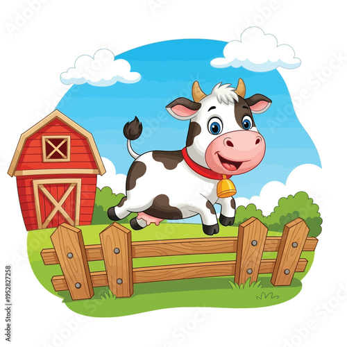 Cartoon Cow Jumping Over Fence on Farm.