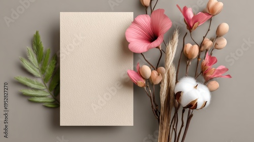 Soft beige card rests beside delicate pink flowers. Cotton blooms, dried grasses, and green fern leaf add natural charm. Scene feels calm, gentle, and inviting for creative projects