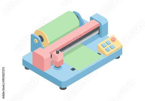 Modern flat design illustration of a vinyl cutting machine with a roll of material
