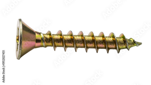 Isolated shiny golden yellow metal screw with countersunk head and Phillips drive hardware object.