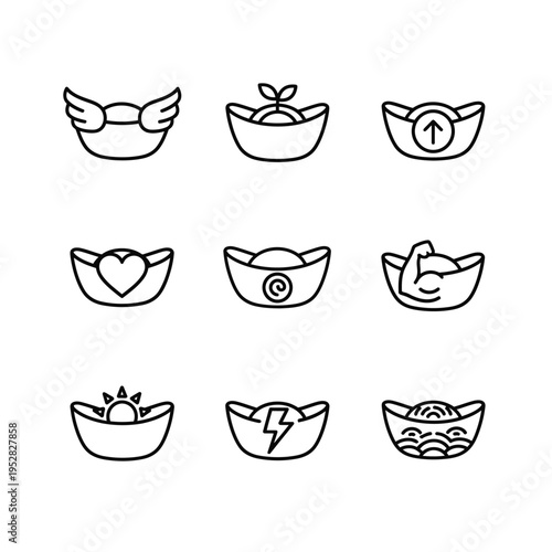 Collection of Chinese gold ingots with various symbols.