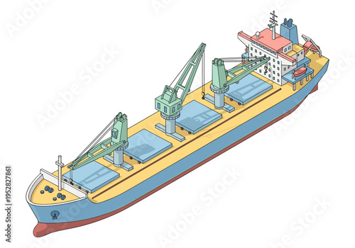 Illustration of a bulk carrier ship with cranes and cargo holds on a white background