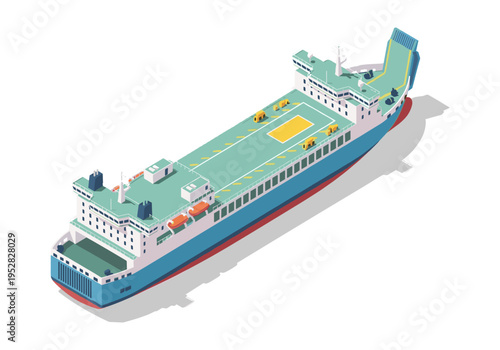Isometric view of a large cargo ferry ship sailing on the sea, isolated on white