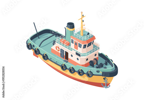 Isometric tugboat illustration with anchor and lifebuoy, isolated on white background