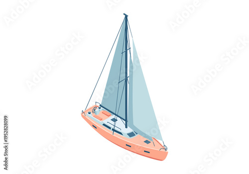 Modern sailboat with light blue sails and coral hull in isometric view on white background