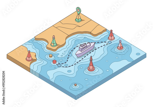 Isometric view of a cargo ship navigating a marked sea route with buoys and land