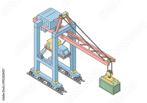 Isometric container crane lifting a shipping container in a stylized port scene