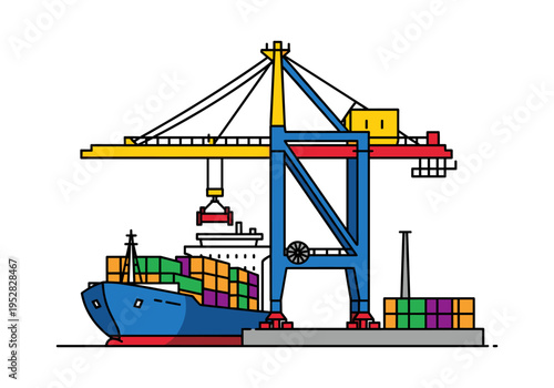 Container ship being loaded by a large gantry crane at a busy port terminal