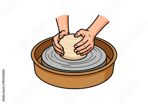 Hands shaping clay on a pottery wheel, creating a ceramic vessel with skill and care