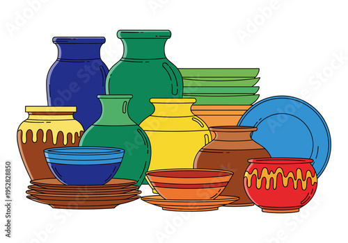 Collection of colorful ceramic vases, bowls, and plates arranged together