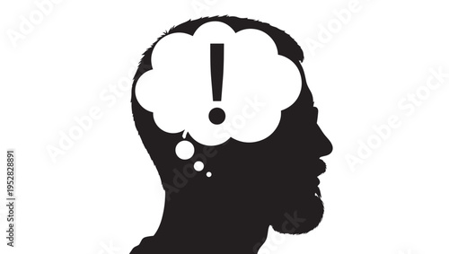 Head silhouette with a thought bubble containing an exclamation mark, symbolizing a sudden idea or realization