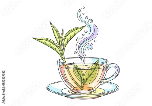 Steaming cup of herbal tea with fresh green leaves and aromatic steam rising