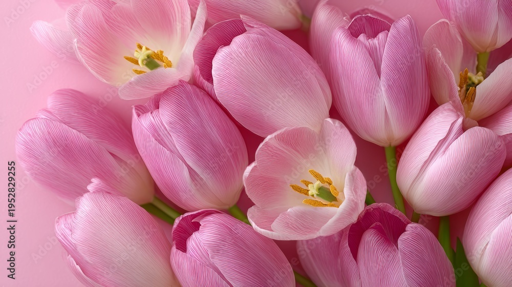 Fototapeta premium Delicate pink tulips bloom softly against a pastel pink backdrop. Petals glisten with dew, showing intricate yellow centers. Each flower curves gently, creating a romantic, serene atmosphere