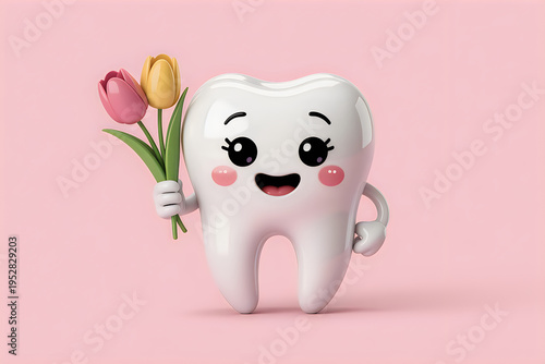 Adorable 3d cartoon tooth character holding pink and yellow tulips cute