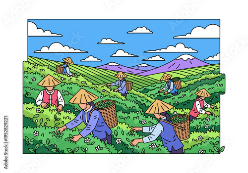 Farmers in conical hats harvesting tea leaves on a lush green hillside under a blue sky