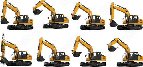 Eight yellow and black excavator illustrations showing hydraulic arm movement and bucket positions, construction equipment demonstrating mechanical articulation, operational versatility, industrial 