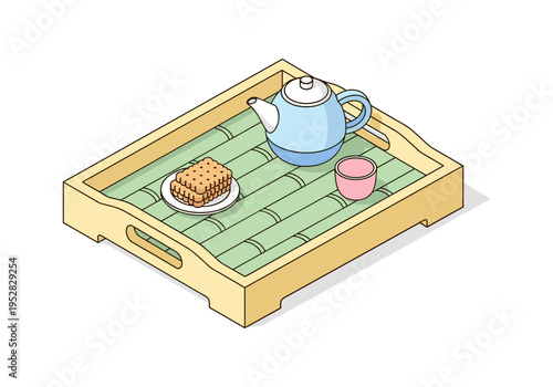 Isometric illustration of a bamboo tray with tea set and biscuits for a relaxing break