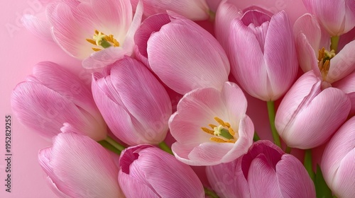 Delicate pink tulips bloom softly against a pastel pink backdrop. Petals glisten with dew, showing intricate yellow centers. Each flower curves gently, creating a romantic, serene atmosphere
