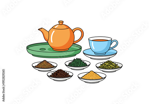 Variety of loose leaf teas and brewing essentials displayed with a teapot and cup