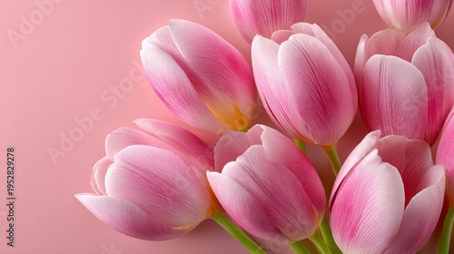 Soft pink tulips bloom gently against pastel background. Petals show delicate gradients of color. Stems hold flowers in natural cluster. Image exudes calm, romantic, or springtime feeling