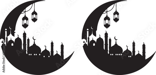 a black and white image of two crescent moons with mosque silhouettes and lanterns