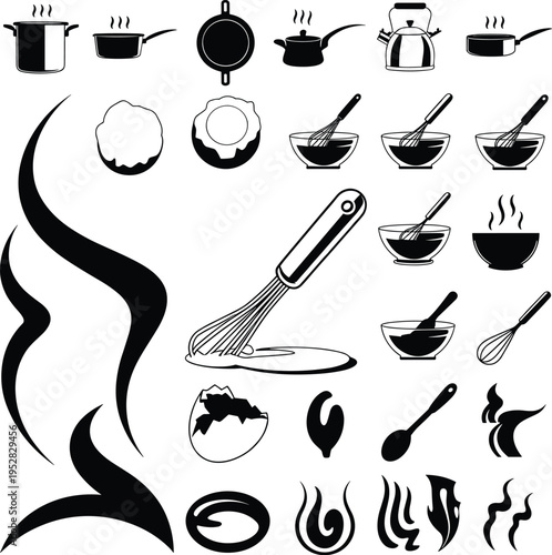Black and white cooking icons set featuring kitchen utensils, pots, pans, whisks, eggs, steam, flames, and food preparation symbols for culinary design projects