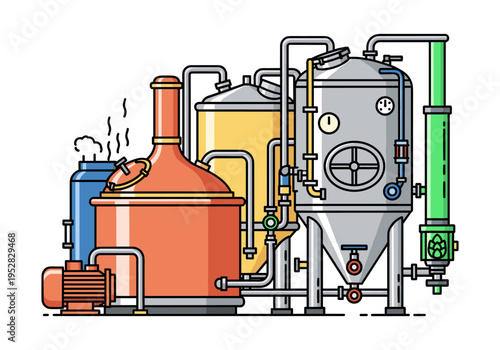 Modern brewery equipment with tanks, pipes, and a pump, flat design illustration