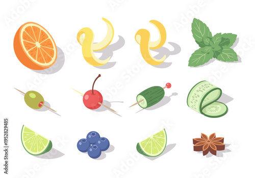 Collection of fresh cocktail garnishes including citrus, berries, and herbs