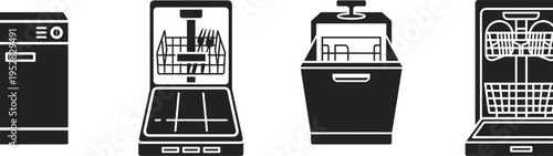 Black and white dishwasher icons set showing closed, open, and partially open dishwashers with racks, utensils, plates, and spray arms for kitchen appliance illustration