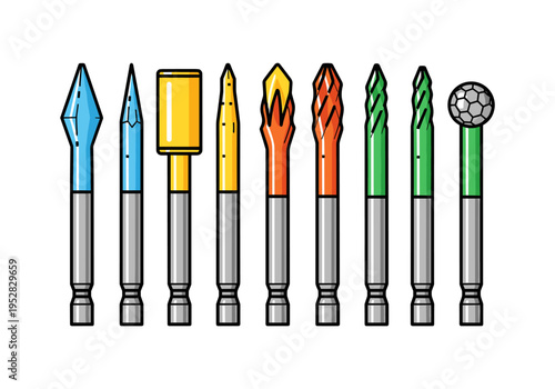 Collection of various drill bits and rotary tool bits in different shapes and colors
