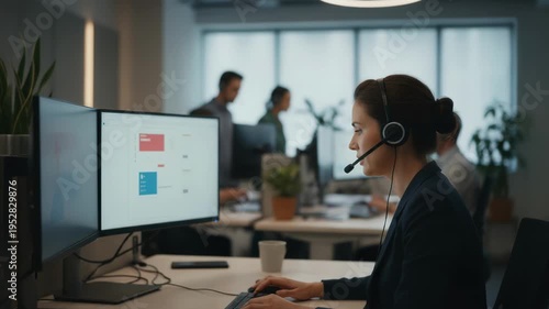 Medium shot of a reseller support agent interacting with a voice communication headset actively managing dispatch orders with blurred screens and coworkers behind.