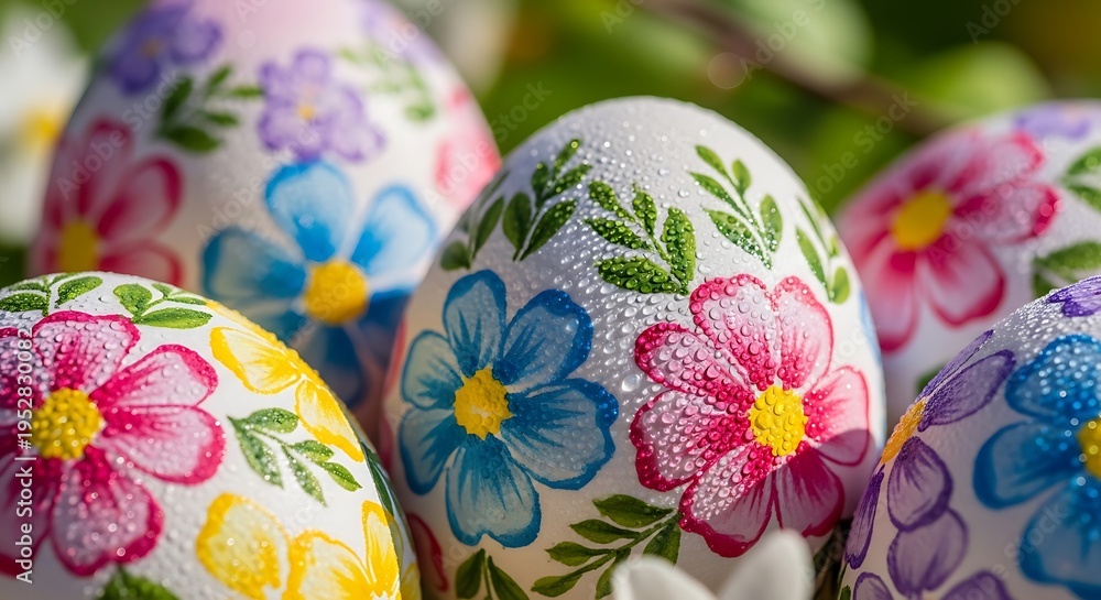 Fototapeta premium easter egg seamless pattern, colorful decorated eggs with floral and geometric ornaments scattered across a soft pastel background, playful spring aesthetic, hand painted illustration style, 