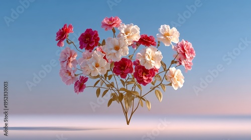 Bouquet of pink, red, and white roses floats against a soft sky. Delicate petals glow in warm morning light. Peaceful and romantic, ideal for weddings or love themes. Perfect for greeting cards, ads