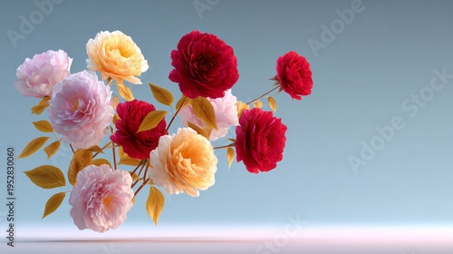 Vibrant rose bouquet floats against soft gradient background. Red, pink, and yellow blooms mix with green leaves. Image ideal for wedding, floral, or romantic-themed designs