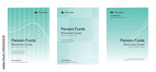 Professional pension funds brochure cover templates featuring soft turquoise gradients and elegant wavy lines for corporate financial reports and business marketing materials.