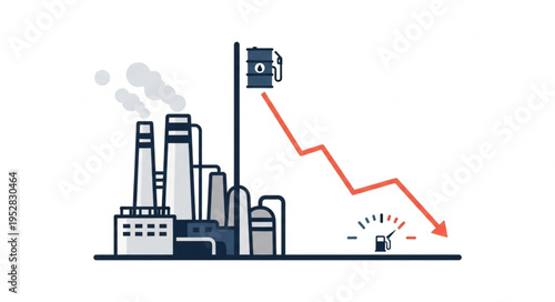 Decline in Oil Production and Consumption with Factory Illustration.