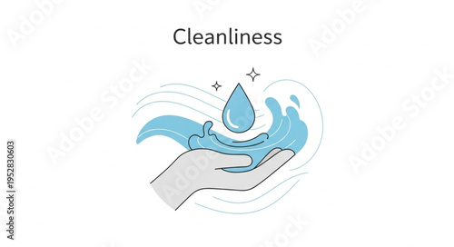 Illustration of cleanliness concept with hand, water drop, and sparkling effect.