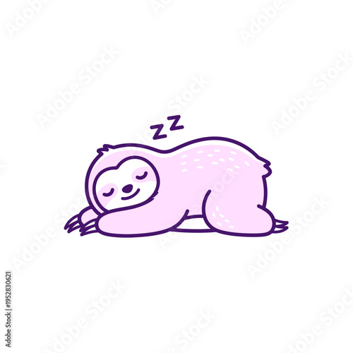 Cute sleeping pink cartoon sloth illustration with 'Zzz' above, adorable relaxed animal character design, sweet minimalist drawing