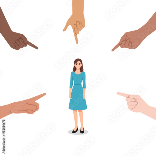 Woman Being Blamed and Judged by Pointing Fingers. Flat vector illustration isolated on white background