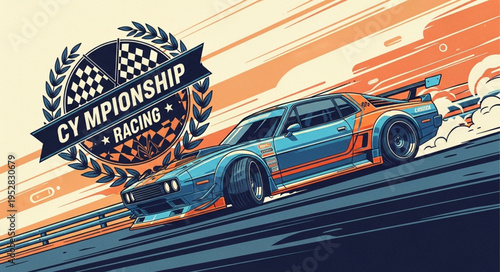 Cyan and Orange Race Car with Championship Racing Logo.