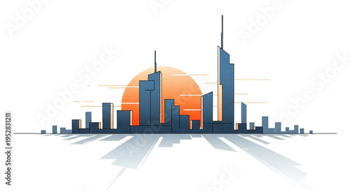 Cityscape Silhouette with Rising Sun - Urban Skyline Vector Illustration.