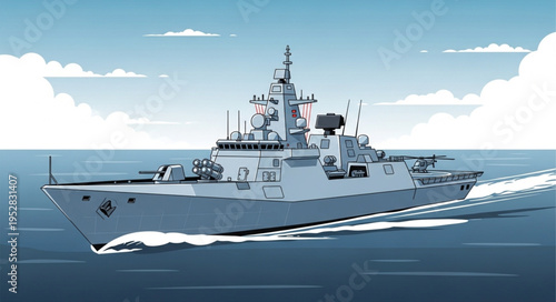 Modern Naval Warship Sailing on the Open Sea.