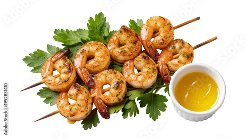 Tableau sur toile Isolated grilled shrimp skewers with fresh parsley and a bowl of delicious dippi