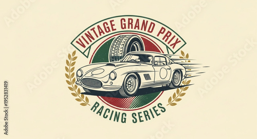 Vintage Grand Prix Racing Series Car Design with Tire and Laurel Wreath.
