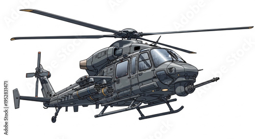 Detailed Illustration of a Military Attack Helicopter in Flight.